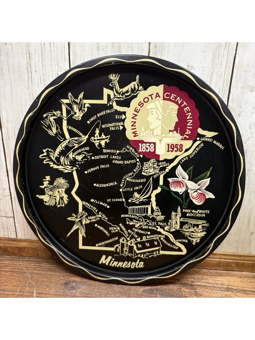 Vtg 1958 Metal Souvenir Minnesota Centennial State Plate/Tray 11" MCM Decor